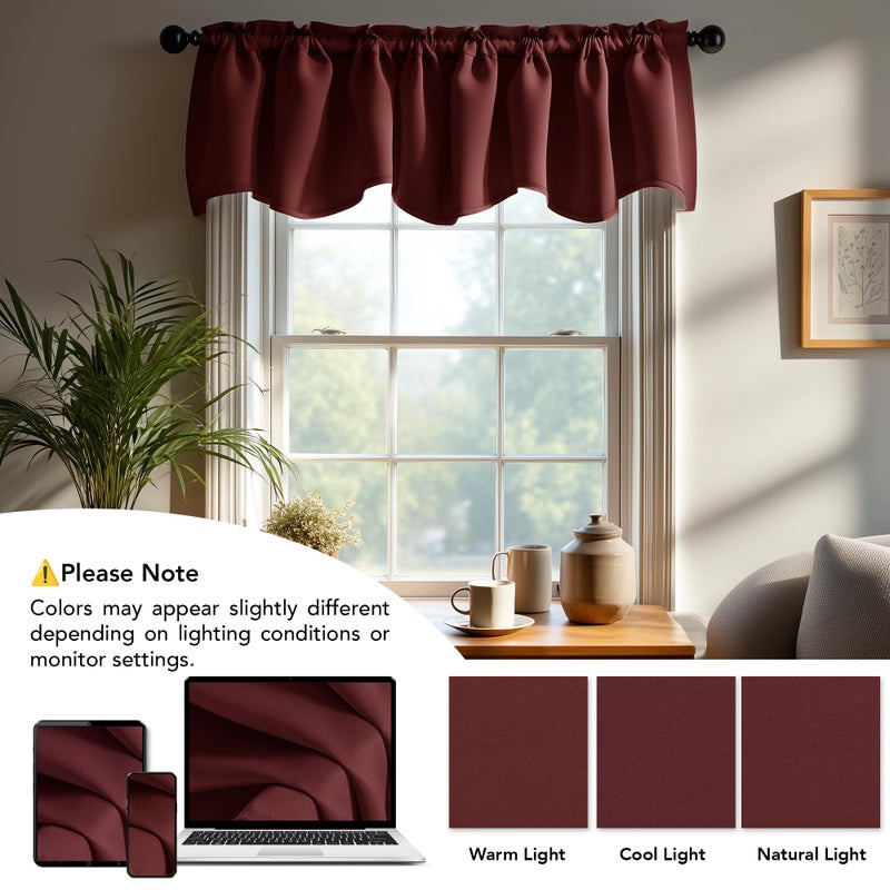 Deconovo Red Valances for Windows, Christmas Curtains, Scalloped Valance for Living Room Bedroom Festival Party Home Decor, Short Curtain Blackout, Rod Pocket, 42x18 Inch, 1 Panel, Maroon Red - Image 4